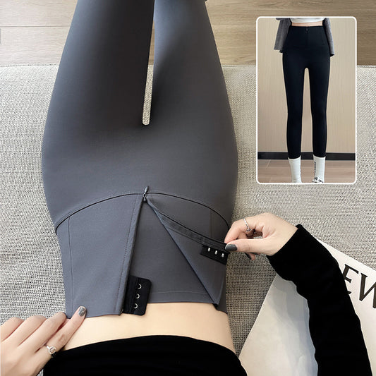 Belly-controlling Butt Lifting Leggings With Three-breasted Design Winter High Waist Slim Zipper Pants Warm Velvet And Thickened Trousers Women Clothing