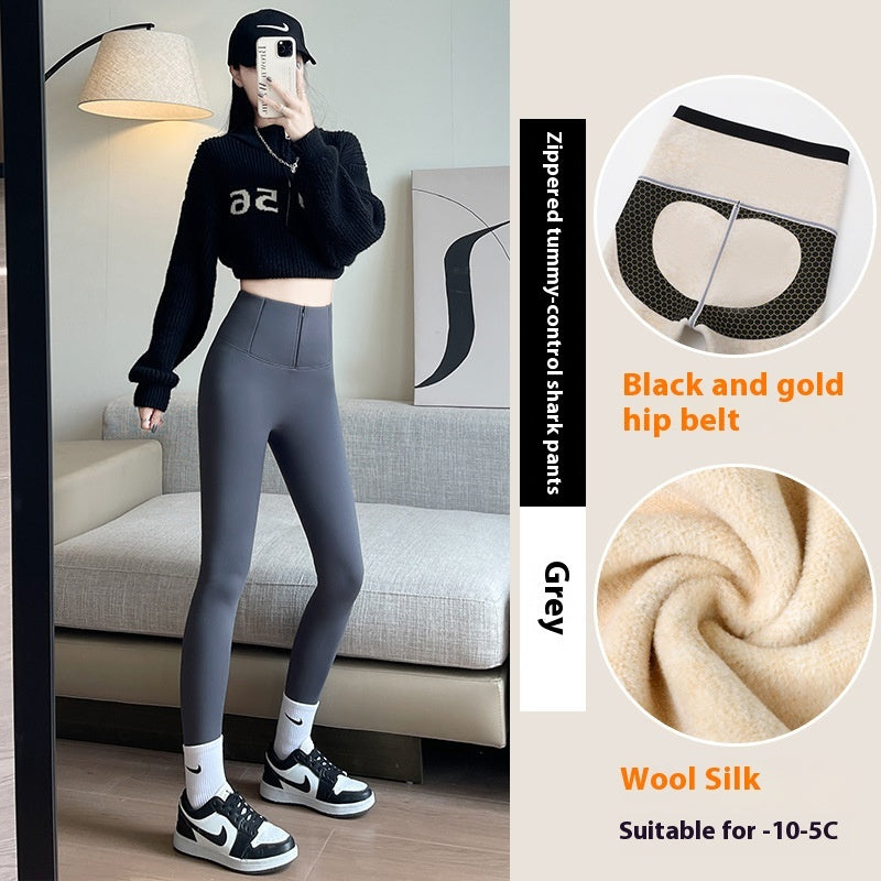 Belly-controlling Butt Lifting Leggings With Three-breasted Design Winter High Waist Slim Zipper Pants Warm Velvet And Thickened Trousers Women Clothing