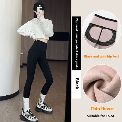 Belly-controlling Butt Lifting Leggings With Three-breasted Design Winter High Waist Slim Zipper Pants Warm Velvet And Thickened Trousers Women Clothing