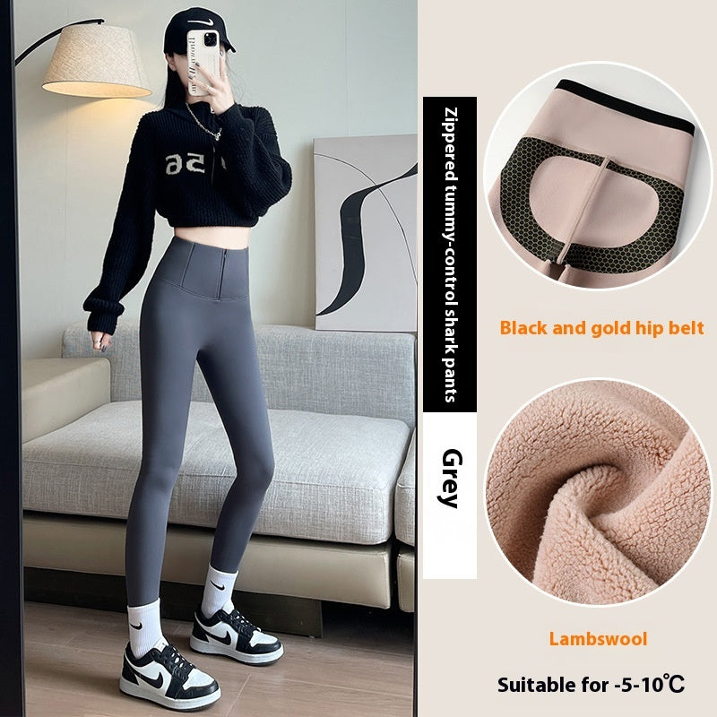 Belly-controlling Butt Lifting Leggings With Three-breasted Design Winter High Waist Slim Zipper Pants Warm Velvet And Thickened Trousers Women Clothing