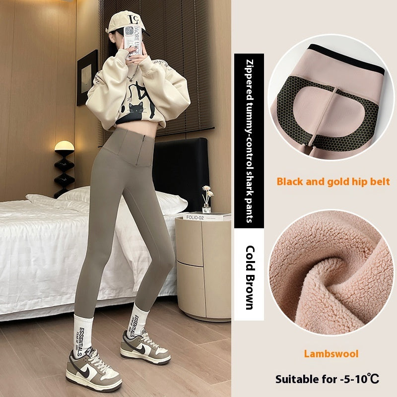 Belly-controlling Butt Lifting Leggings With Three-breasted Design Winter High Waist Slim Zipper Pants Warm Velvet And Thickened Trousers Women Clothing